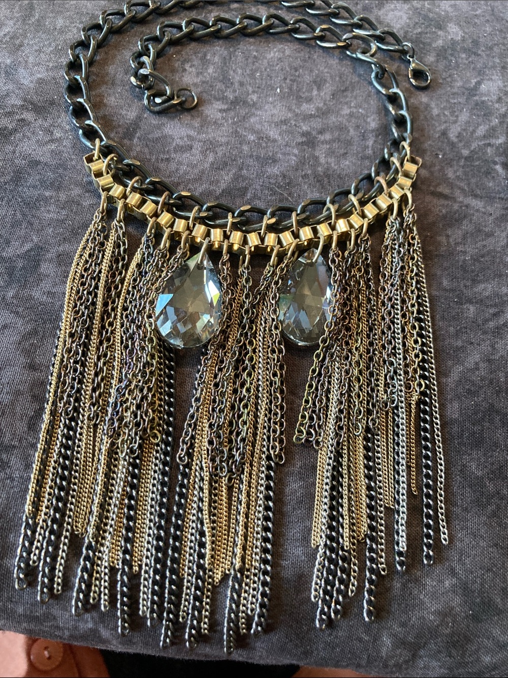 Fringe Statement Necklace with Gray Teardrop Crystals